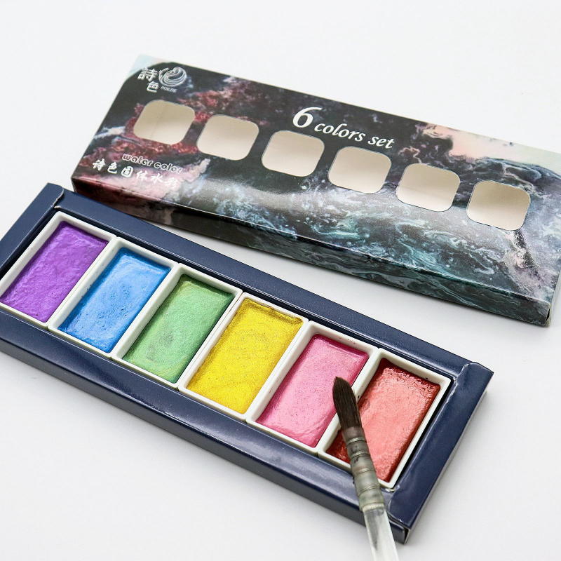 Watercolor Paint Set Solid Pigment - 6 renkli Suda çözünür Metal Inci